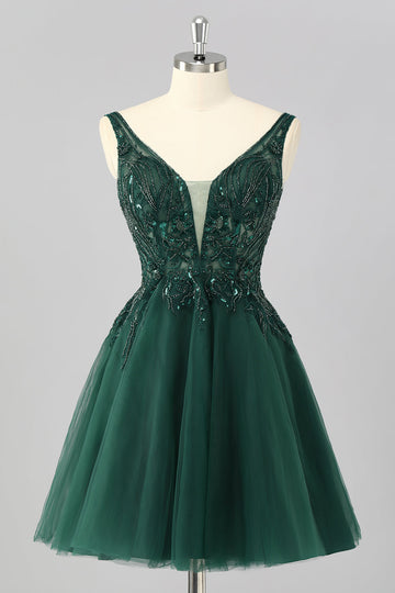 Sparkly Dark Green A Line V-Neck Short Prom Dress